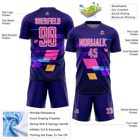 Custom Dark Purple Pink-White Geometric Shapes Sublimation Soccer Uniform Jersey Custom Dark Purple Pink-White Geometric Shapes Sublimation Soccer Uniform Jersey
