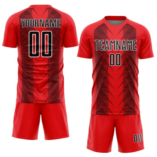 Custom Fire Red Black-White Lines Sublimation Soccer Uniform Jersey Custom Fire Red Black-White Lines Sublimation Soccer Uniform Jersey