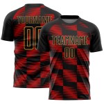 Custom Black Red-Old Gold Lines Sublimation Soccer Uniform Jersey Custom Black Red-Old Gold Lines Sublimation Soccer Uniform Jersey