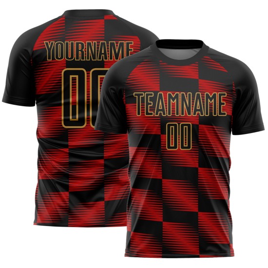 Custom Black Red-Old Gold Lines Sublimation Soccer Uniform Jersey Custom Black Red-Old Gold Lines Sublimation Soccer Uniform Jersey