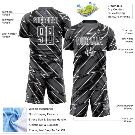Custom Steel Gray White Lightning Sublimation Soccer Uniform Jersey Custom Steel Gray White Lightning Sublimation Soccer Uniform Jersey