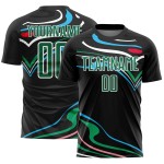 Custom Black Kelly Green-White Fluid Shapes Sublimation Soccer Uniform Jersey Custom Black Kelly Green-White Fluid Shapes Sublimation Soccer Uniform Jersey