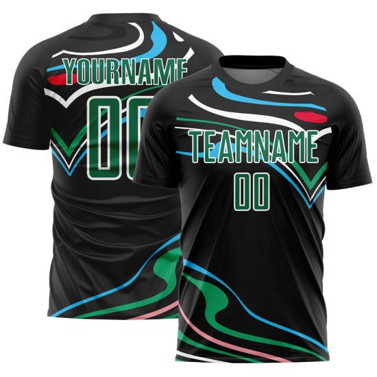 Custom Black Kelly Green-White Fluid Shapes Sublimation Soccer Uniform Jersey Custom Black Kelly Green-White Fluid Shapes Sublimation Soccer Uniform Jersey