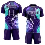 Custom Dark Purple White Geometric Shapes Sublimation Soccer Uniform Jersey Custom Dark Purple White Geometric Shapes Sublimation Soccer Uniform Jersey