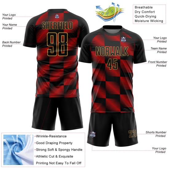 Custom Black Red-Old Gold Lines Sublimation Soccer Uniform Jersey Custom Black Red-Old Gold Lines Sublimation Soccer Uniform Jersey