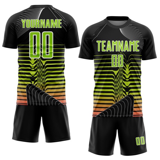 Custom Black Neon Green-White Lines Sublimation Soccer Uniform Jersey Custom Black Neon Green-White Lines Sublimation Soccer Uniform Jersey