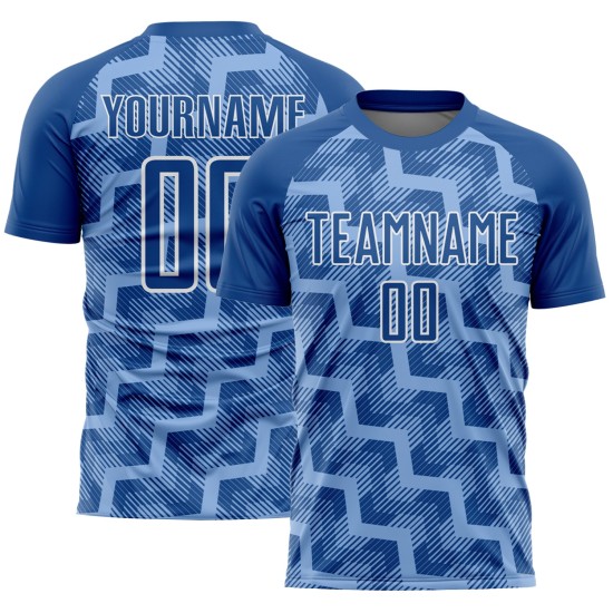 Custom Royal Light Blue-White Lines Sublimation Soccer Uniform Jersey Custom Royal Light Blue-White Lines Sublimation Soccer Uniform Jersey