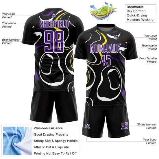 Custom Black Purple-White Fluid Shapes Sublimation Soccer Uniform Jersey Custom Black Purple-White Fluid Shapes Sublimation Soccer Uniform Jersey