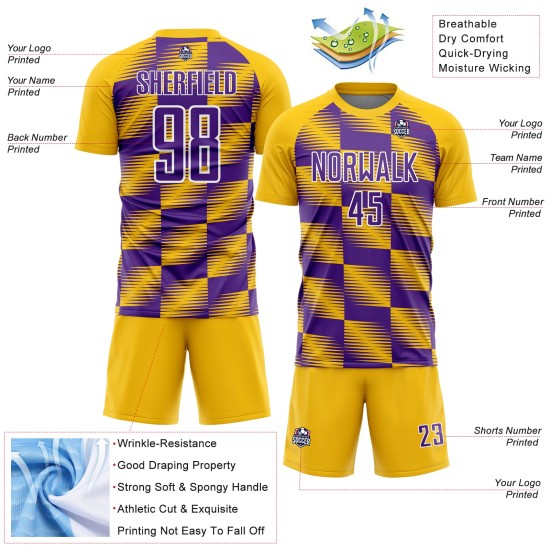 Custom Yellow Purple-White Lines Sublimation Soccer Uniform Jersey Custom Yellow Purple-White Lines Sublimation Soccer Uniform Jersey