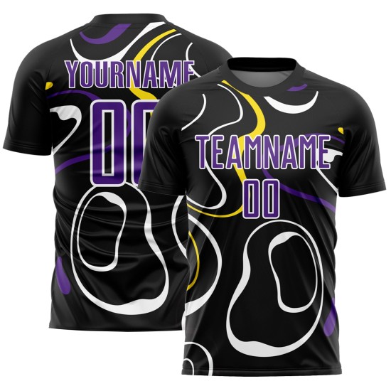 Custom Black Purple-White Fluid Shapes Sublimation Soccer Uniform Jersey Custom Black Purple-White Fluid Shapes Sublimation Soccer Uniform Jersey