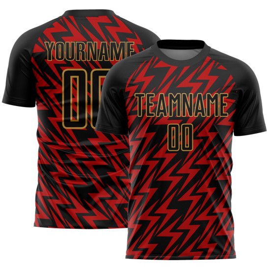 Custom Black Red-Old Gold Lightning Sublimation Soccer Uniform Jersey Custom Black Red-Old Gold Lightning Sublimation Soccer Uniform Jersey