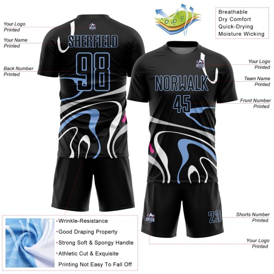 Custom Black Light Blue Fluid Shapes Sublimation Soccer Uniform Jersey Custom Black Light Blue Fluid Shapes Sublimation Soccer Uniform Jersey