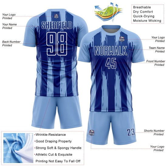 Custom Light Blue Royal-White Abstract Stripes Sublimation Soccer Uniform Jersey Custom Light Blue Royal-White Abstract Stripes Sublimation Soccer Uniform Jersey