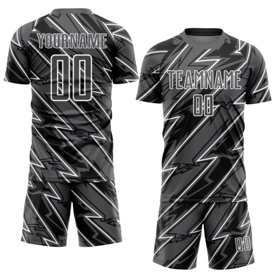 Custom Steel Gray White Lightning Sublimation Soccer Uniform Jersey Custom Steel Gray White Lightning Sublimation Soccer Uniform Jersey