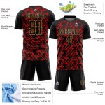 Custom Black Red-Old Gold Lightning Sublimation Soccer Uniform Jersey Custom Black Red-Old Gold Lightning Sublimation Soccer Uniform Jersey