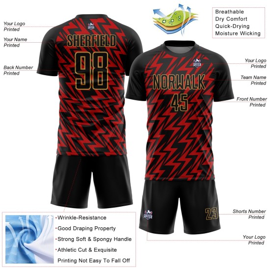Custom Black Red-Old Gold Lightning Sublimation Soccer Uniform Jersey Custom Black Red-Old Gold Lightning Sublimation Soccer Uniform Jersey