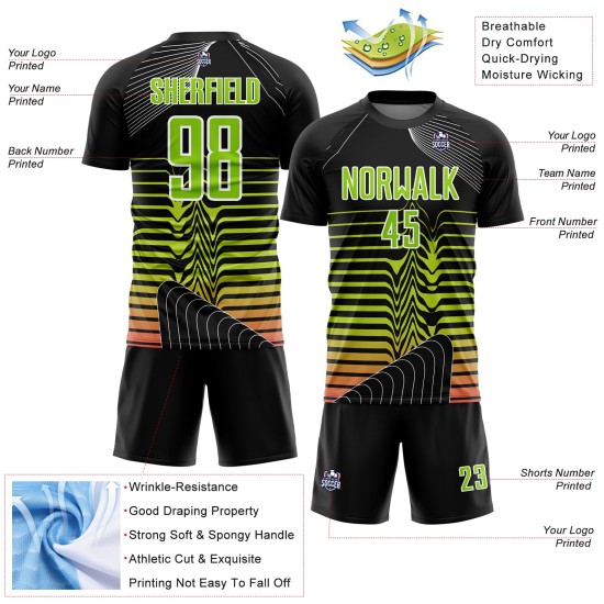 Custom Black Neon Green-White Lines Sublimation Soccer Uniform Jersey Custom Black Neon Green-White Lines Sublimation Soccer Uniform Jersey