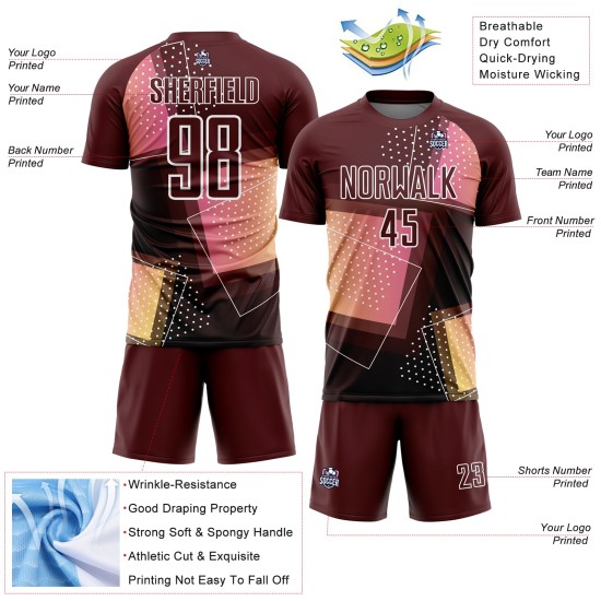 Custom Crimson White Geometric Shapes Sublimation Soccer Uniform Jersey Custom Crimson White Geometric Shapes Sublimation Soccer Uniform Jersey
