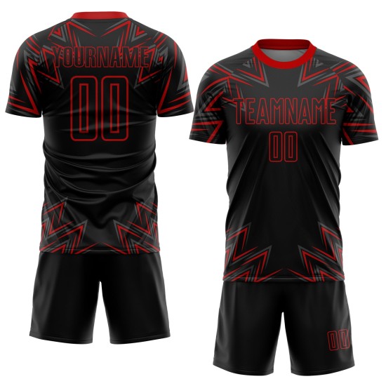 Custom Black Red Geometric Shapes Sublimation Soccer Uniform Jersey Custom Black Red Geometric Shapes Sublimation Soccer Uniform Jersey