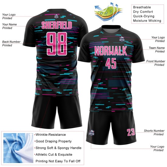 Custom Black Pink-White Lines Sublimation Soccer Uniform Jersey Custom Black Pink-White Lines Sublimation Soccer Uniform Jersey
