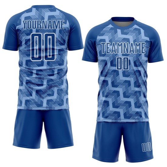 Custom Royal Light Blue-White Lines Sublimation Soccer Uniform Jersey Custom Royal Light Blue-White Lines Sublimation Soccer Uniform Jersey