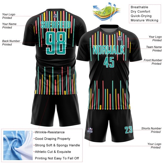 Custom Black Aqua-White Lines Sublimation Soccer Uniform Jersey Custom Black Aqua-White Lines Sublimation Soccer Uniform Jersey