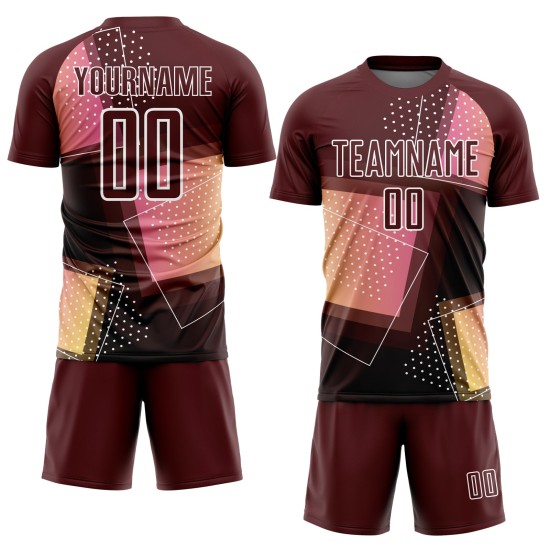 Custom Crimson White Geometric Shapes Sublimation Soccer Uniform Jersey Custom Crimson White Geometric Shapes Sublimation Soccer Uniform Jersey