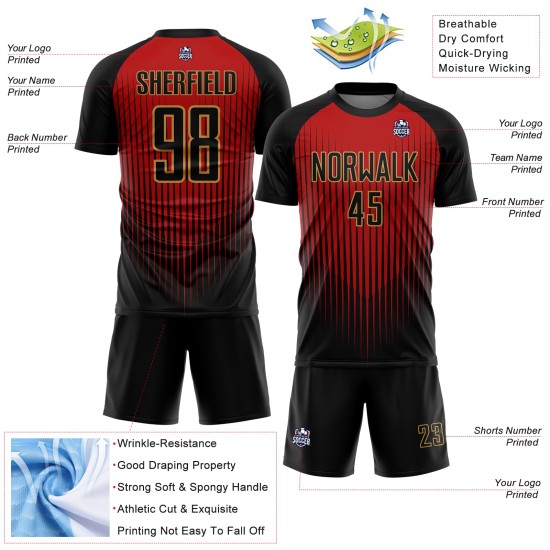 Custom Black Red-Old Gold Lines Sublimation Soccer Uniform Jersey Custom Black Red-Old Gold Lines Sublimation Soccer Uniform Jersey