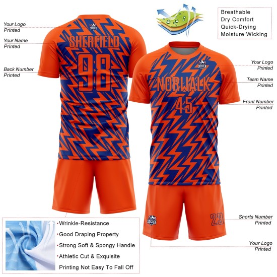 Custom Orange Royal Lightning Sublimation Soccer Uniform Jersey Custom Orange Royal Lightning Sublimation Soccer Uniform Jersey