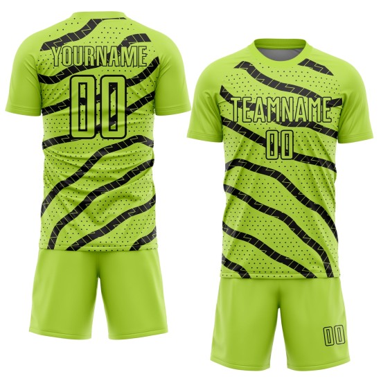 Custom Neon Green Black Lines And Dots Sublimation Soccer Uniform Jersey Custom Neon Green Black Lines And Dots Sublimation Soccer Uniform Jersey
