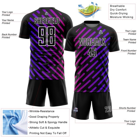 Custom Black Purple-Pink Lines Sublimation Soccer Uniform Jersey Custom Black Purple-Pink Lines Sublimation Soccer Uniform Jersey