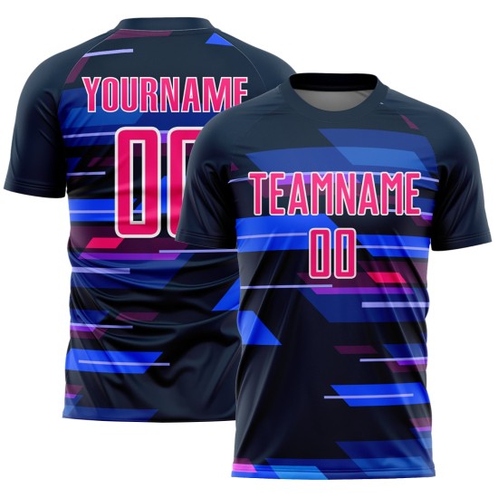 Custom Navy Pink-White Geometric Shapes Sublimation Soccer Uniform Jersey Custom Navy Pink-White Geometric Shapes Sublimation Soccer Uniform Jersey