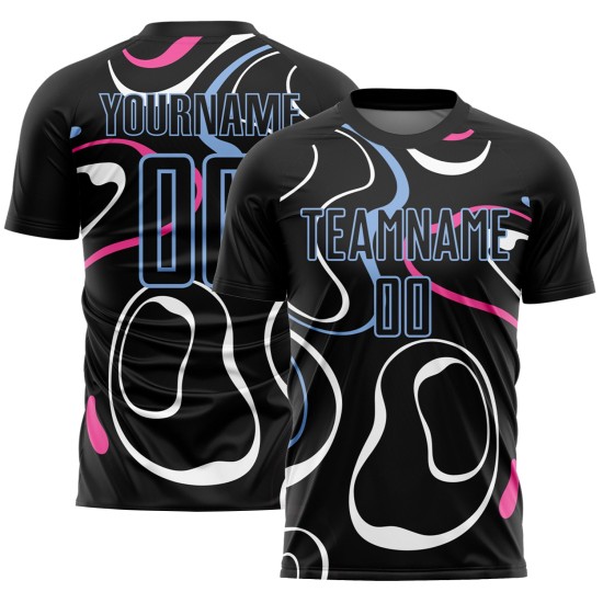 Custom Black Light Blue Fluid Shapes Sublimation Soccer Uniform Jersey Custom Black Light Blue Fluid Shapes Sublimation Soccer Uniform Jersey
