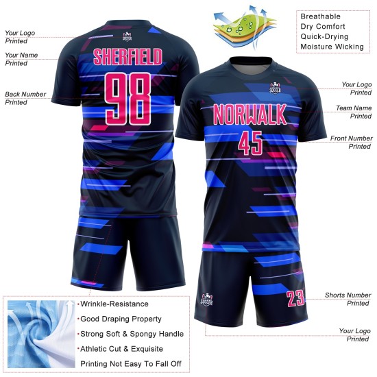 Custom Navy Pink-White Geometric Shapes Sublimation Soccer Uniform Jersey Custom Navy Pink-White Geometric Shapes Sublimation Soccer Uniform Jersey