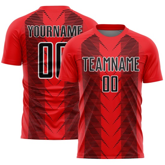 Custom Fire Red Black-White Lines Sublimation Soccer Uniform Jersey Custom Fire Red Black-White Lines Sublimation Soccer Uniform Jersey