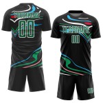 Custom Black Kelly Green-White Fluid Shapes Sublimation Soccer Uniform Jersey Custom Black Kelly Green-White Fluid Shapes Sublimation Soccer Uniform Jersey