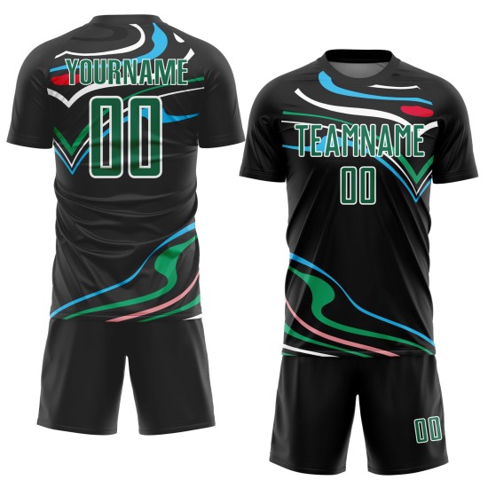 Custom Black Kelly Green-White Fluid Shapes Sublimation Soccer Uniform Jersey Custom Black Kelly Green-White Fluid Shapes Sublimation Soccer Uniform Jersey
