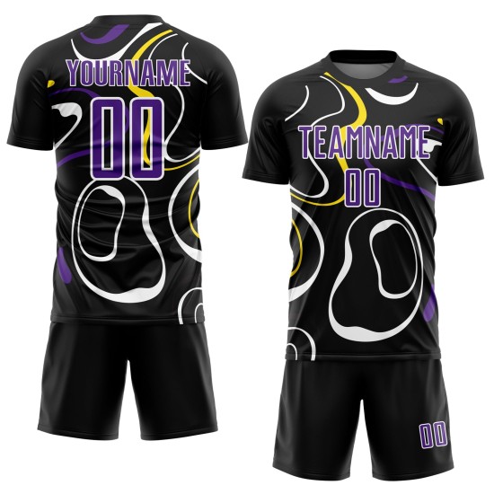 Custom Black Purple-White Fluid Shapes Sublimation Soccer Uniform Jersey Custom Black Purple-White Fluid Shapes Sublimation Soccer Uniform Jersey