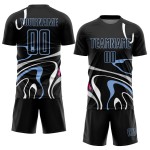 Custom Black Light Blue Fluid Shapes Sublimation Soccer Uniform Jersey Custom Black Light Blue Fluid Shapes Sublimation Soccer Uniform Jersey