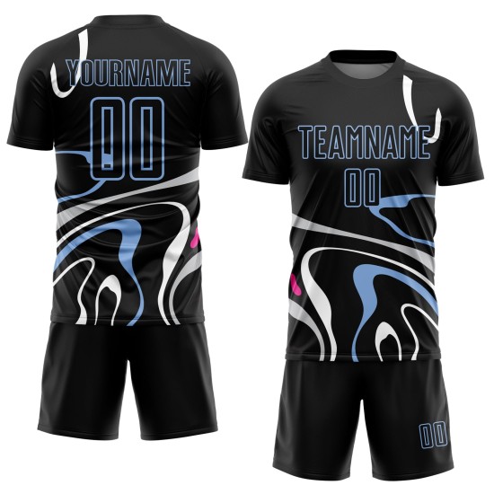 Custom Black Light Blue Fluid Shapes Sublimation Soccer Uniform Jersey Custom Black Light Blue Fluid Shapes Sublimation Soccer Uniform Jersey