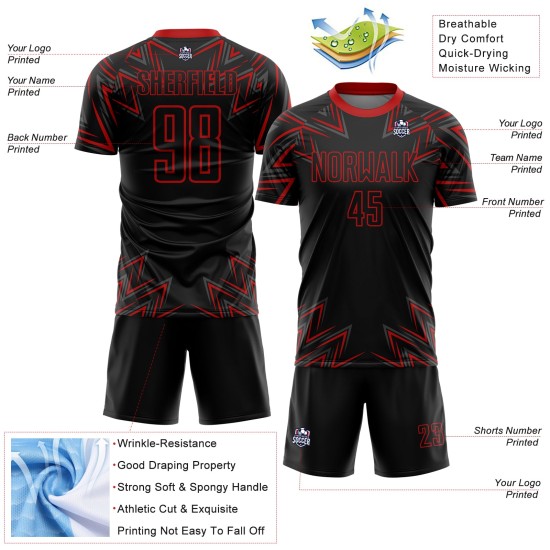 Custom Black Red Geometric Shapes Sublimation Soccer Uniform Jersey Custom Black Red Geometric Shapes Sublimation Soccer Uniform Jersey