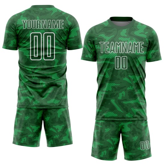 Custom Kelly Green White Geometric Shapes Sublimation Soccer Uniform Jersey Custom Kelly Green White Geometric Shapes Sublimation Soccer Uniform Jersey