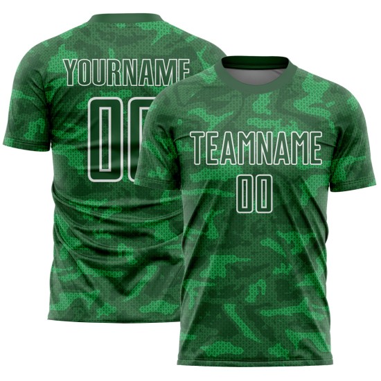 Custom Kelly Green White Geometric Shapes Sublimation Soccer Uniform Jersey Custom Kelly Green White Geometric Shapes Sublimation Soccer Uniform Jersey