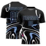 Custom Black Light Blue Fluid Shapes Sublimation Soccer Uniform Jersey Custom Black Light Blue Fluid Shapes Sublimation Soccer Uniform Jersey