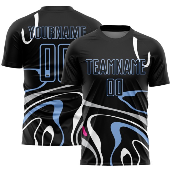 Custom Black Light Blue Fluid Shapes Sublimation Soccer Uniform Jersey Custom Black Light Blue Fluid Shapes Sublimation Soccer Uniform Jersey