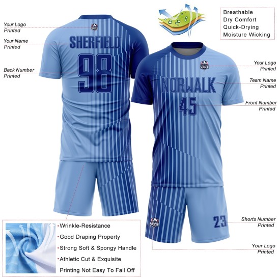 Custom Light Blue Royal Lines Sublimation Soccer Uniform Jersey Custom Light Blue Royal Lines Sublimation Soccer Uniform Jersey