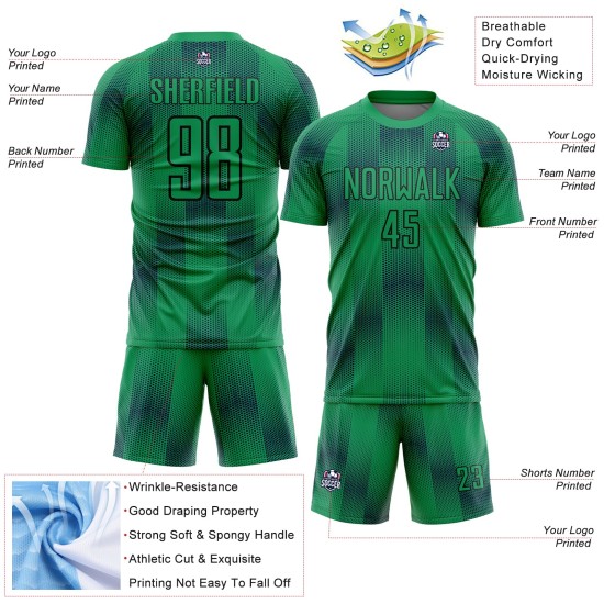 Custom Kelly Green Black Geometric Shapes Sublimation Soccer Uniform Jersey Custom Kelly Green Black Geometric Shapes Sublimation Soccer Uniform Jersey