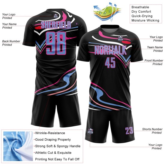 Custom Black Light Blue-Pink Fluid Shapes Sublimation Soccer Uniform Jersey Custom Black Light Blue-Pink Fluid Shapes Sublimation Soccer Uniform Jersey