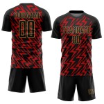 Custom Black Red-Old Gold Lightning Sublimation Soccer Uniform Jersey Custom Black Red-Old Gold Lightning Sublimation Soccer Uniform Jersey