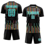 Custom Black Aqua-White Lines Sublimation Soccer Uniform Jersey Custom Black Aqua-White Lines Sublimation Soccer Uniform Jersey